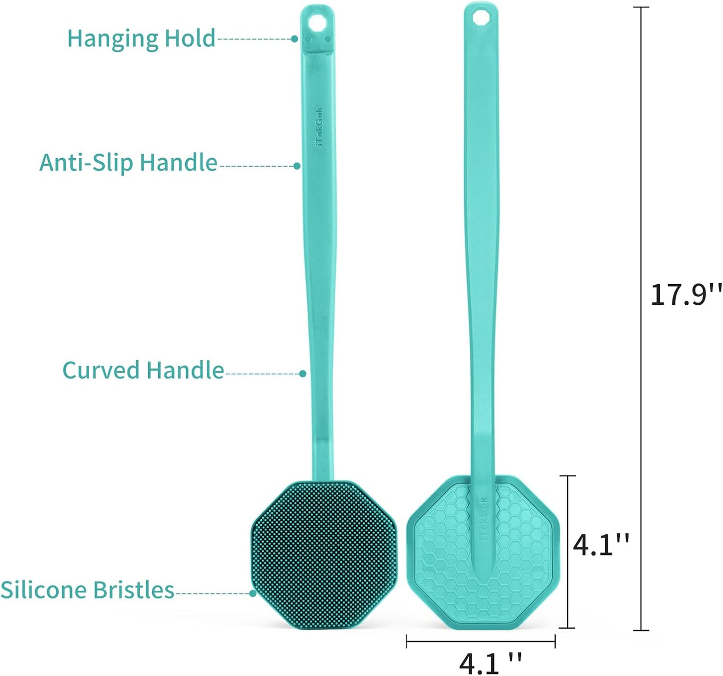 iTokGoK® Silver-Infused Silicone Back Scrubber with Long Handle Back Brush for Shower,Back Brush Long Handle for Men and Women,Ergonomic No-Slip Handle, Long-Lasting (Mint Green)