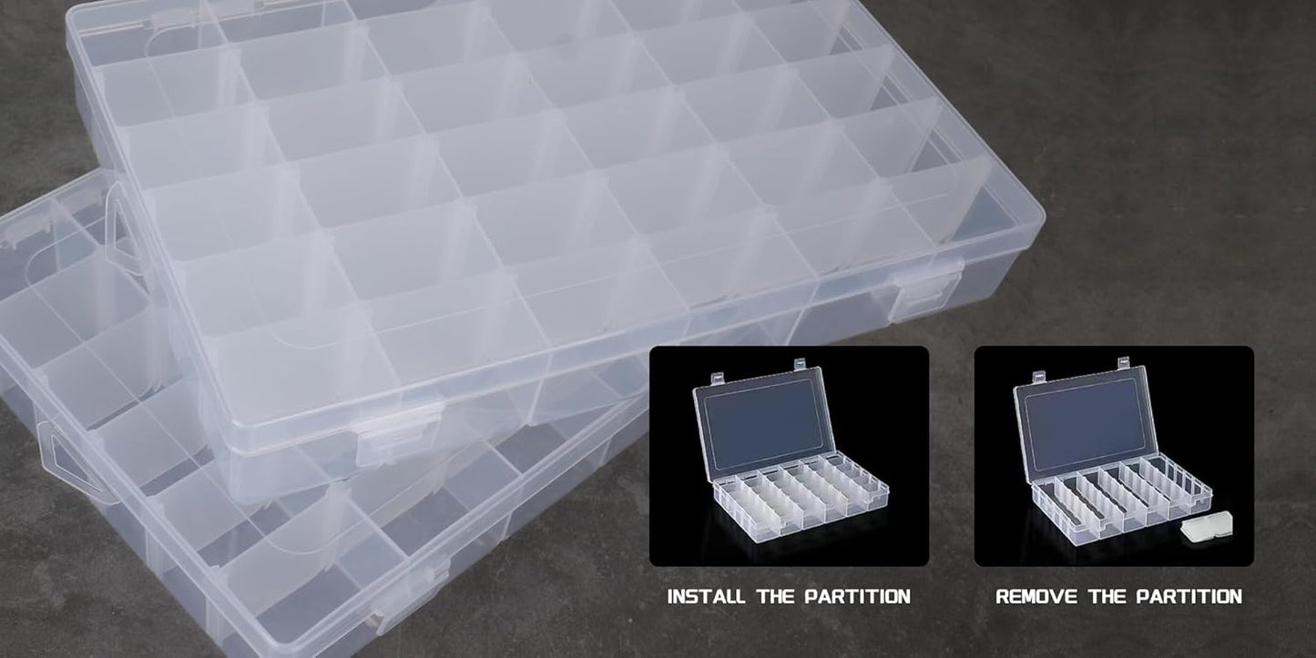 2Pcs Clear Visible Plastic Storage Box- Rectangular Storage Box, Suitable For Beads, Screws Hardware Accessories Organizer Box Art DIY, Crafts, Jewelry, Fishing Tackle, With Label Stickers (36Grids)