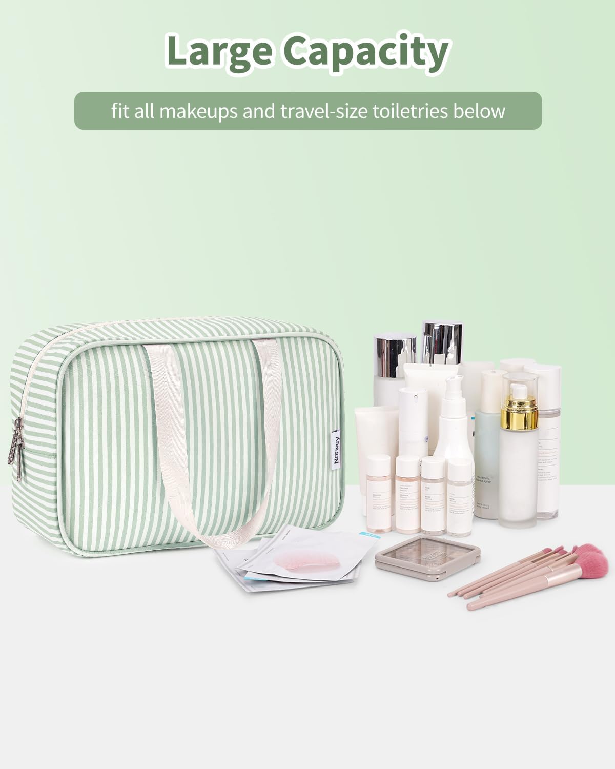 Full Size Toiletry Bag Women Large Cosmetic Bag Travel Makeup Bag Organizer Medicine Bag for Toiletries Essentials Accessories (Mint Green Stripe, Large)