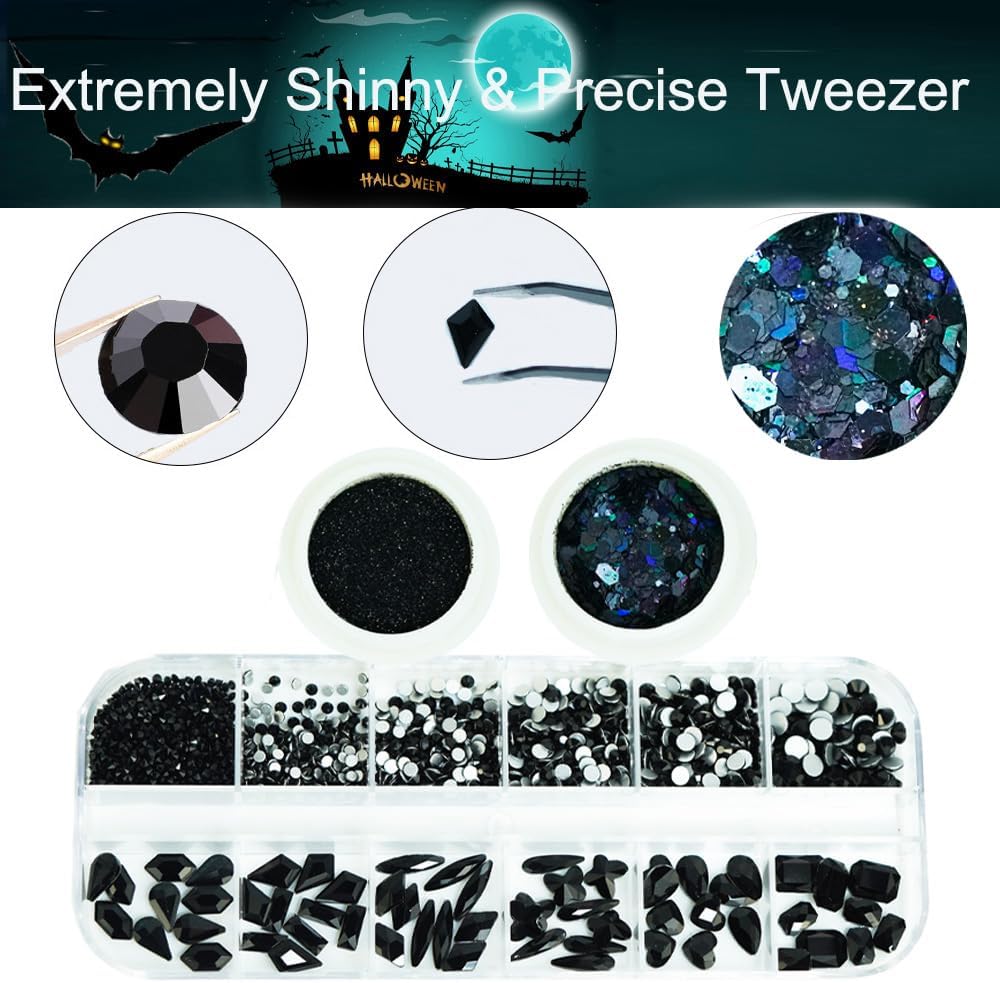 3 Boxes Black Nail Rhinestones with Fine Glitters Kit, 60Pcs Big Assorted Black Nail Gems with S6-S16 Flatback Round Stones,Crystals Nail Gem Stones for DIY Faces Body Crafts