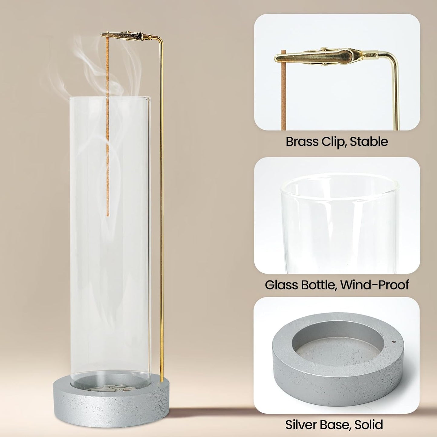 Incense Holder for Sticks, Anti-Ash Flying Incense Burner with 30 Incense Sticks, Detachable Glass Ash Catcher