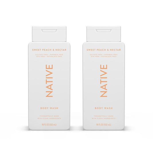 Native Body Wash Contains Naturally Derived Ingredients | For Women & Men, Sulfate, Paraben, & Dye Free Leaving Skin Soft and Hydrating | Sweet Peach & Nectar 18 oz - 2 Pk