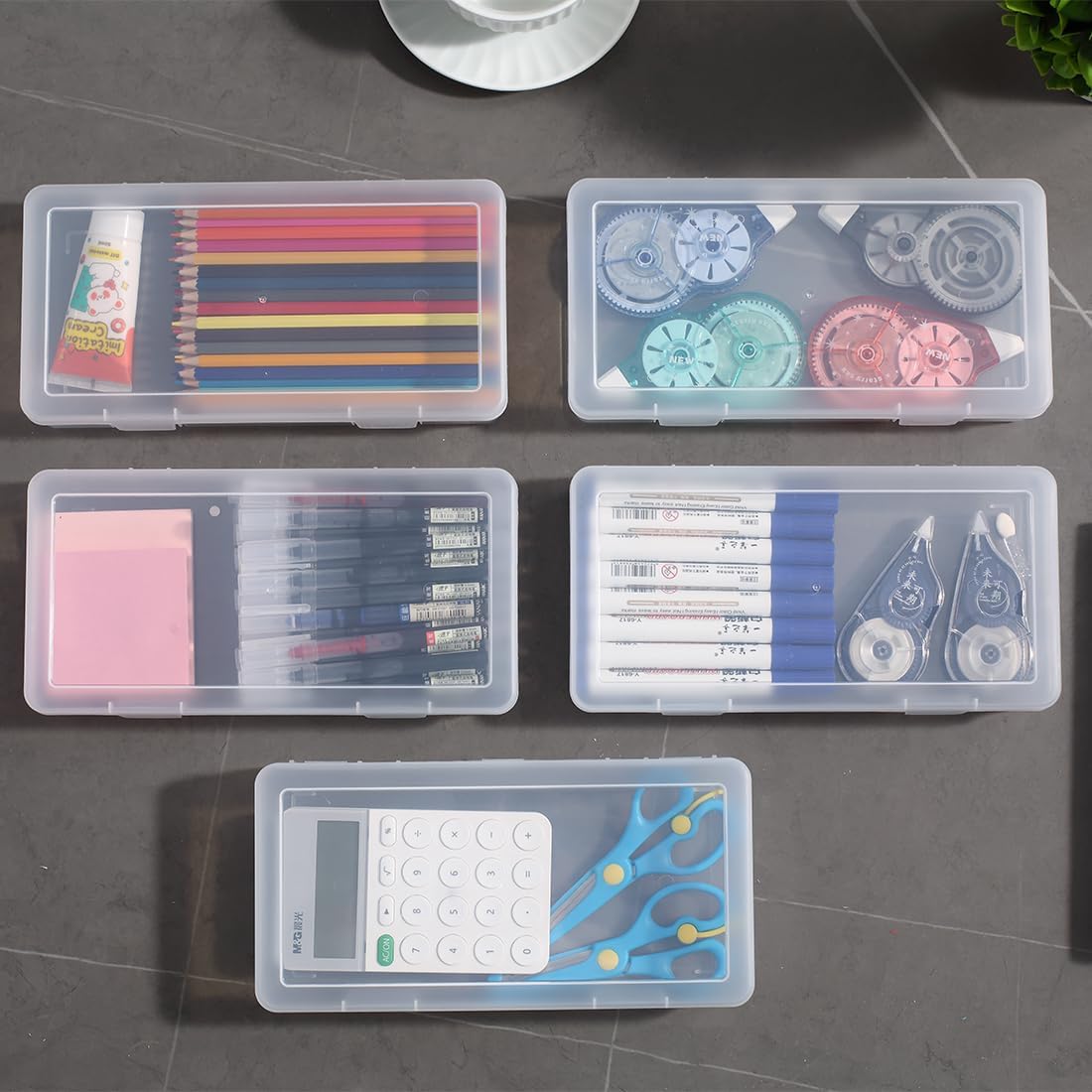 Medium Clear Storage Box 9 Pack Stackable Storage Containers with Snap-Tight Latch 10" x 5"x 1.9" for Pencil Box,Art tools