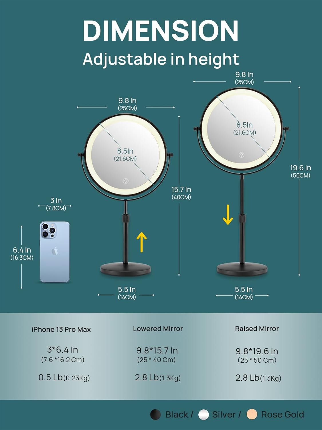 OMIRO 3X/10X Magnifying Makeup Mirror with Lights, 8.5 Inches Double Sided Swivel-Free Vanity Mirror with Height-Adjustable Stand. (Black)