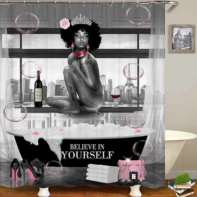 4PCS Sexy Black Girl Shower Curtain Set, Romantic Pink Floral High Heels Bubble Red Wine Afro Lady African American Woman Inspirational Quotes Bathroom Decor, Non-Slip Bath Rugs, Get Naked