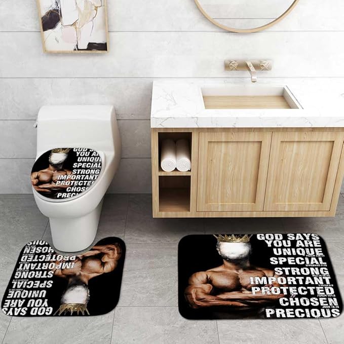 4PCS African American Shower Curtain Set, Black Shower Curtain, Black King Afro Black Man Bathroom Decor, Non-Slip Bath Mat, Positive Motivational Inspirational Gifts for Men, Man Cave Decor