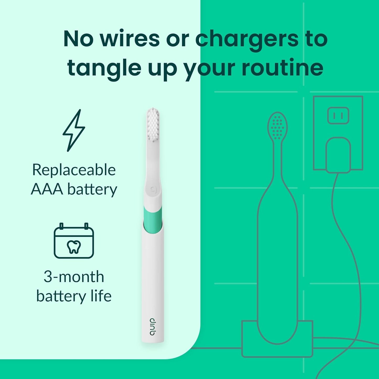 Quip Sonic Toothbrush for Adults with Timer - Includes Extra Brush Head and Travel Cover Mount - Electric, Soft Bristle Refill Head, Plastic Handle, 3 Month Battery Life - Travel Toothbrush - Green
