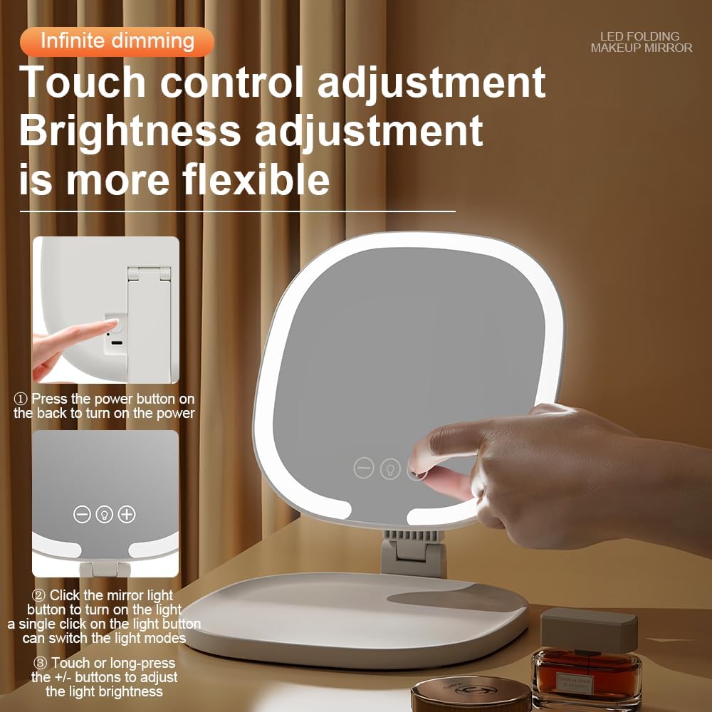 Rechargeable LED Travel Makeup Mirror, 3-Color Lighting, Dimmable Touch Screen, Multi Angle Adjustable, Foldable and Portable Desktop Vanity Mirror with Storage Tray(Creamy)
