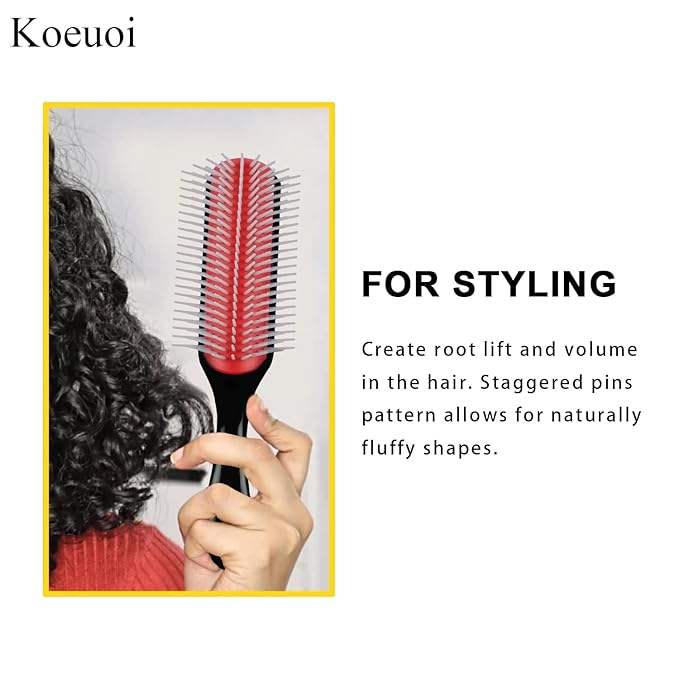 Classic Styling Curly Hair Brush. 9 Row Black Brush for Detangling, Separating, Shaping. For Women and Men Wet or Dry Hair.