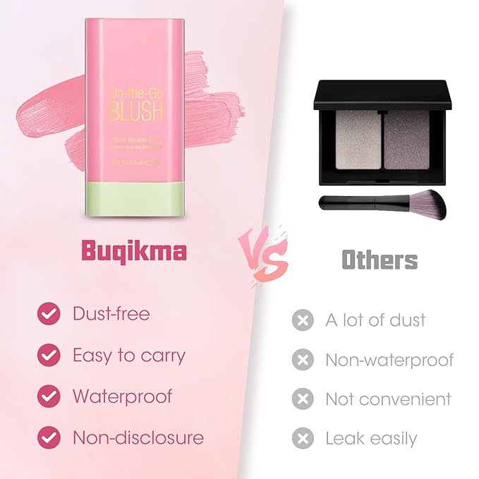 Buqikma Blush Stick Hydrated Solid 2PCS Blush Stick for Cheeks - Soft Cream Blush Stick Natural Matte Makeup Blush Stick Cream Blush Moisturizer Stick for Face,Lips and Eyes (Shy Pink+Orange)