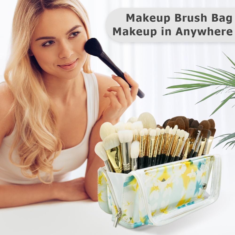 ROWNYEON Makeup Brush Bag, High Capacity Stand-Up Makeup Brush Holder, Travel Professional Cosmetic Bag Artist Organizer Bag Large Makeup Brush Case with Adjustable Divider (Brushes Not included)