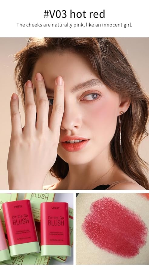 Multi-Use Makeup Blush Stick, Cream Blush Stick, Tinted Solid Moisturizer Stick for Cheek & Eyes & Lips, Waterproof Natural Nude Makeup, Suitable for All Skin (2#Hot Red)