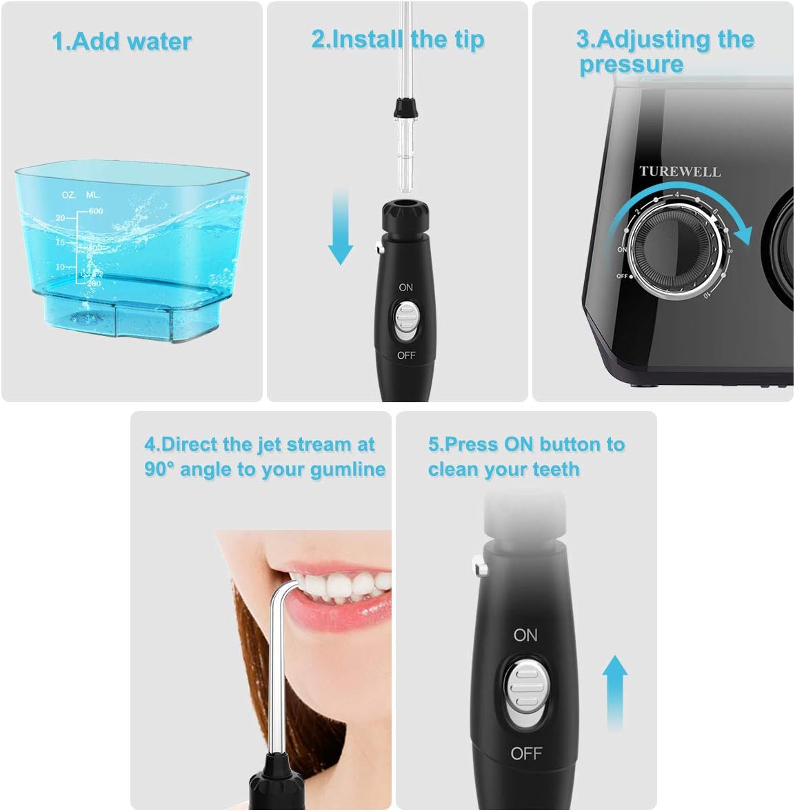 TUREWELL Water Flossing Oral Irrigator, 600ML Dental Teeth Cleaner 10 Adjustable Pressure, Electric Oral Flosser for Braces, 8 Replacement Jet Tips for Family (Black)