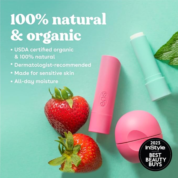 eos 100% Natural & Organic Lip Balm Stick- Vanilla Bean | Dermatologist Recommended for Sensitive Skin | All-Day Moisture Lip Care Products | 0.14 oz