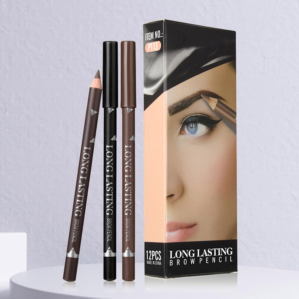 12Pcs Eyebrow Pencils for Women, Wooden Hard-Core Black Eyebrow and Eyeliner Pencil, Long Lasting Waterproof and Sweat-Proof, Beginner Makeup Brow Pencil, Create a Natural Eye Brow Makeup