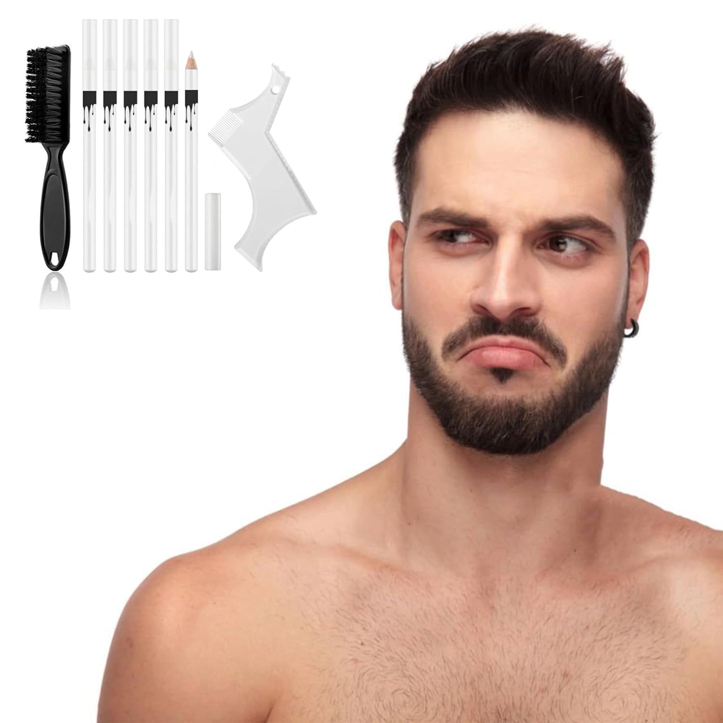 White Barber Pencil Set - Edge Hairline Razor Trace Pencils Beard Guide Beard Hairline and Beard Shaping Pencils,with Sharpener Ruler Brush for Men