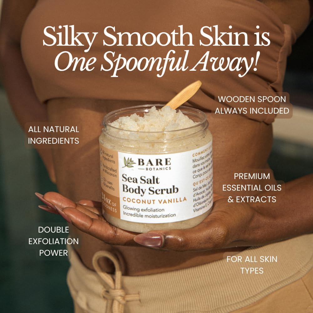 Bare Botanics Unscented Body Scrub 24 oz - Naturally Scented Sea Salt Scrub Made in Madison, WI - Formulated w/Skin Loving Moisturizers - Vegan, Cruelty Free Exfoliator w/a Cute Wooden Spoon