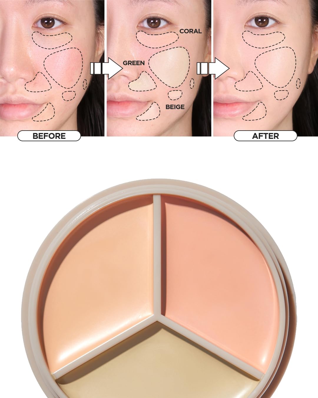 THESAEM Cover Perfection Triple Pot Concealer 03 Correct Up Beige + 04 Tone Up Beige - for Fair to Light Skin Tone - 3 Color Full Coverage - Covers Pigmentation and Blemish Spots, Corrects Skin Tone