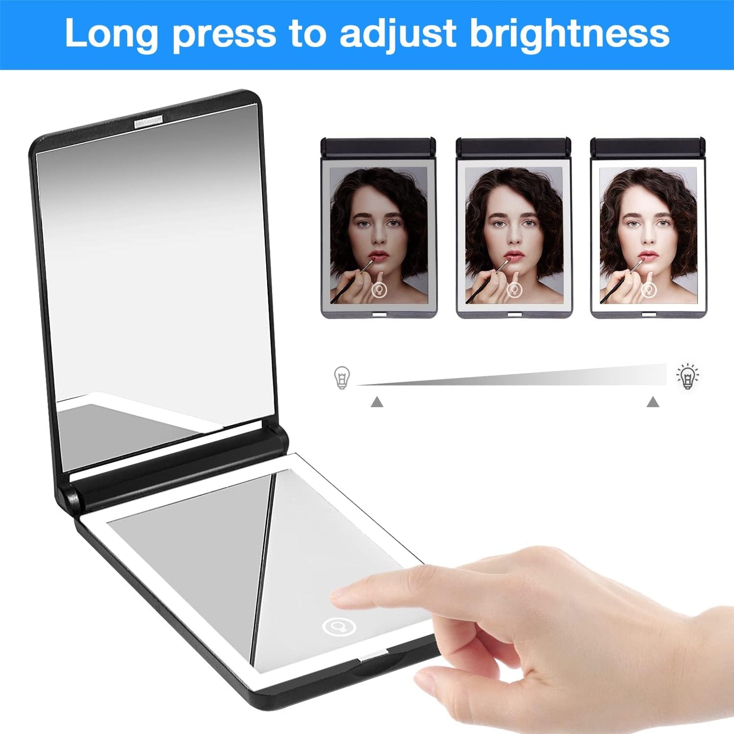 WOBSION Lighted Compact Mirror, Rechargeable Travel Makeup Mirror with Light,1x/3x Magnifying,Folding Portable Mirror,Dimmable,Gifts for Girls,Black