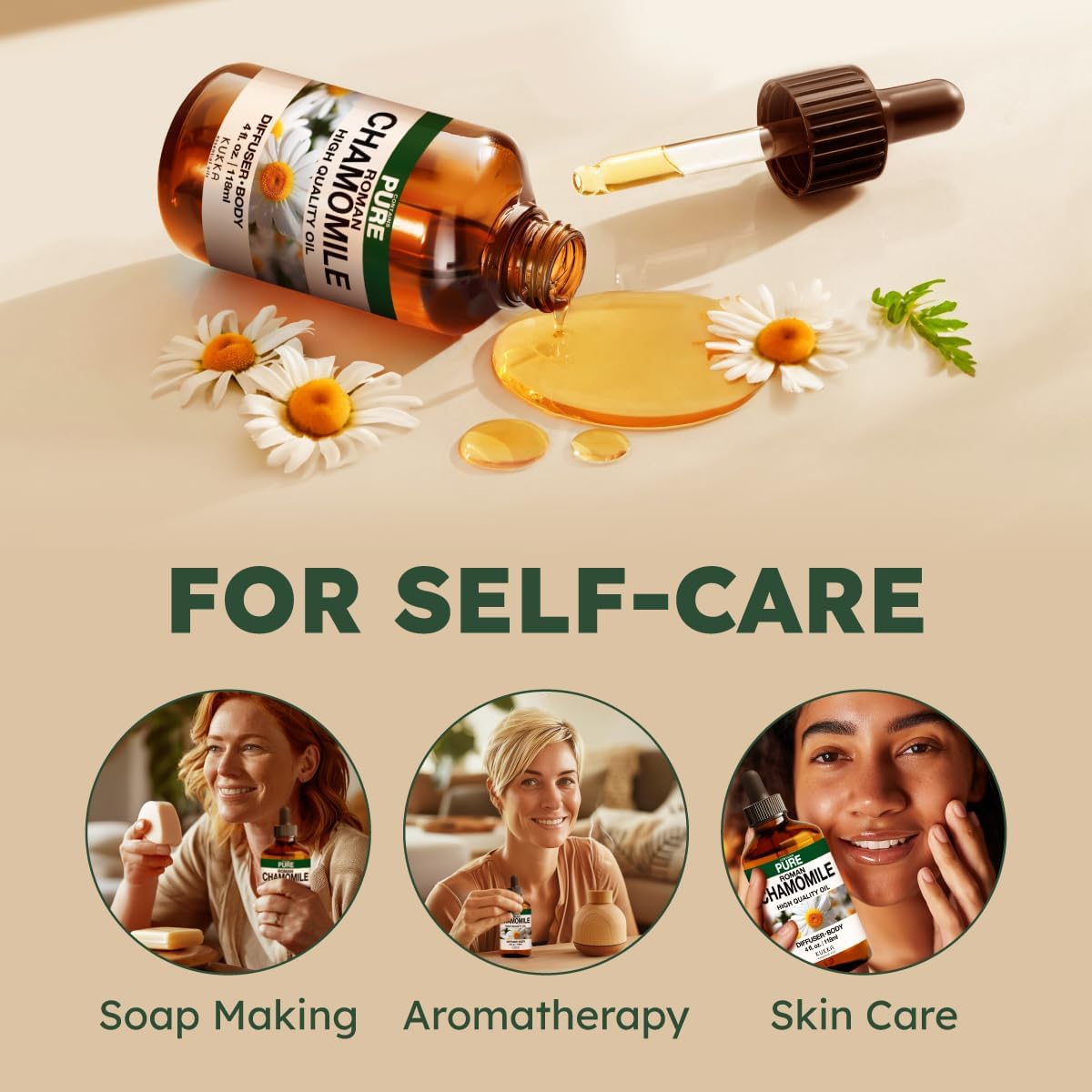 Kukka Roman Chamomile Essential Oil for Tranquil Retreats and Peaceful Relaxation - 4 Fl Oz - Soothing, Comforting and Calming, DIY Soap Making Scents