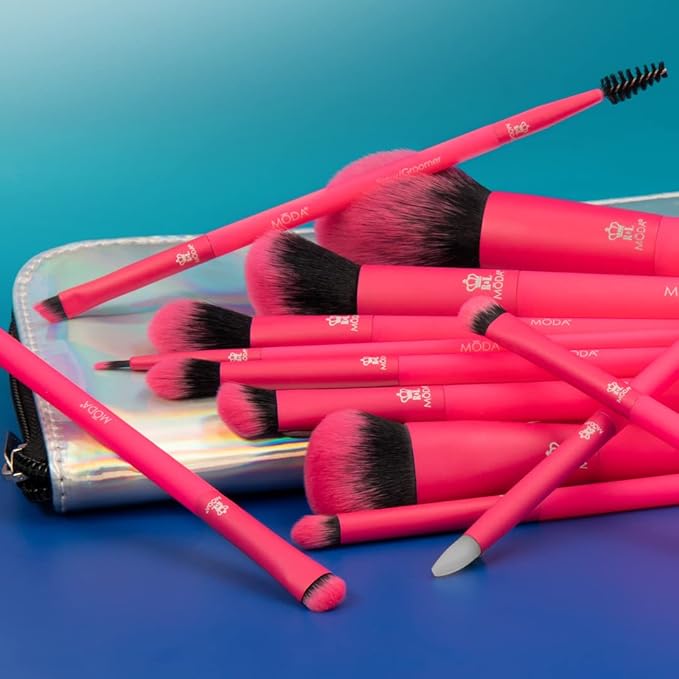 MODA Totally Electric Neon Full Face Makeup Brush Kit – 13pc Vibrant Brush Set for Face & Eyes with Zip Case (Neon Pink)