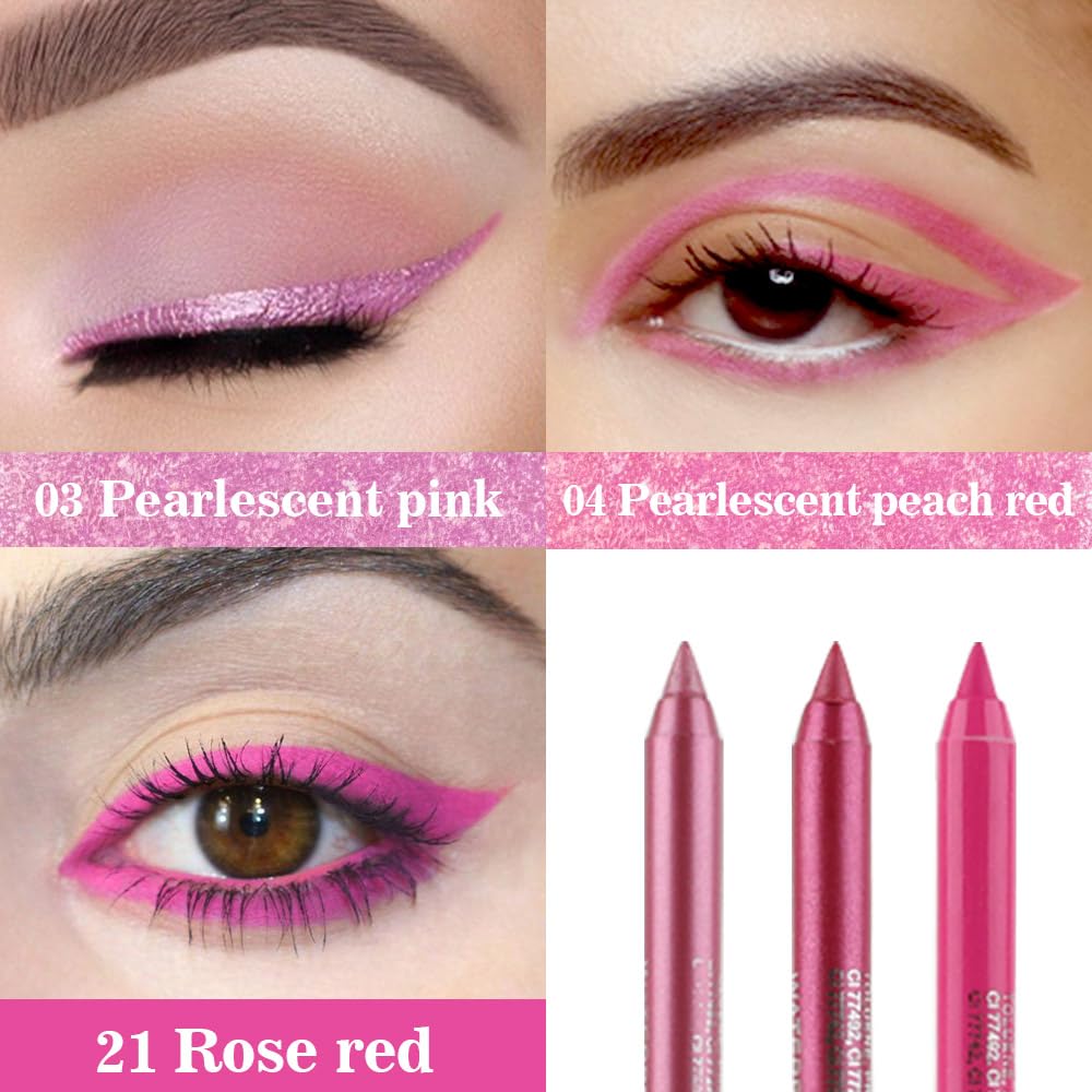 evpct 3Pcs Shimmer Pink & Shimmer Peach Red & Rose Red Gel Glitter Eyeliner Pencils Set for Women Waterproof Smudge Proof lapiz de ojos delineador de ojos contra el agua Eye Liner Makeup 03 04 21