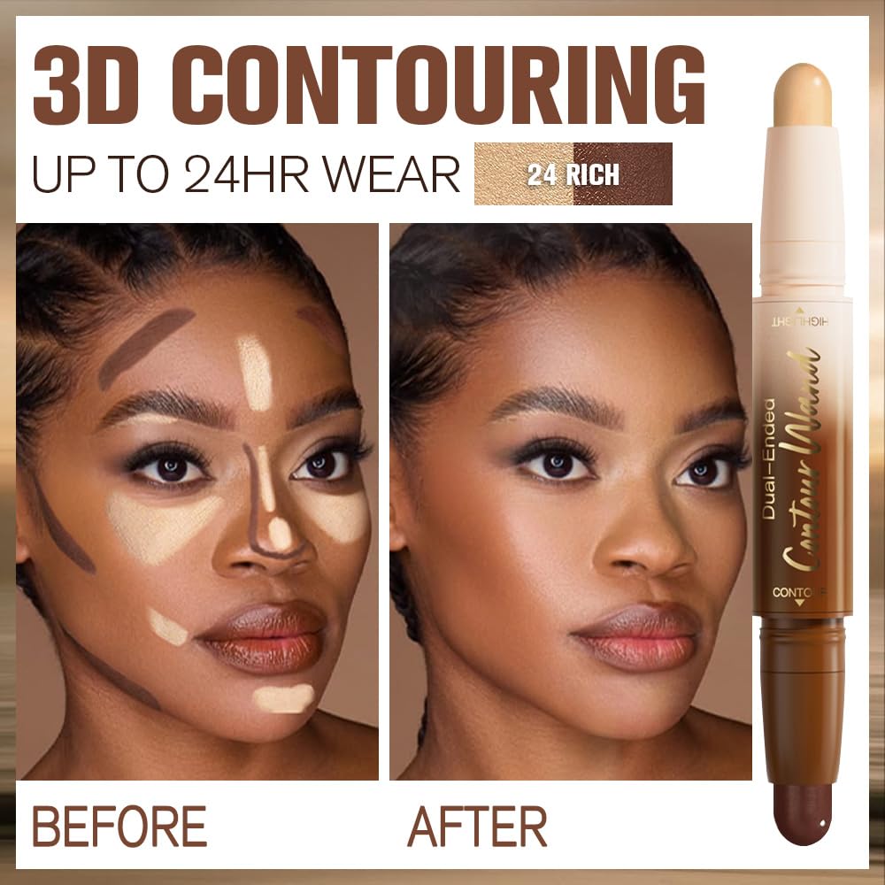 2Pcs Cream Contour Stick Face Body Makeup Dual Ended, Nude Light Beige & Nude Brown no Transfer Waterproof 2 in 1 Cream Concealer Stick Contouring Makeup Set, Nose Contour Bronzer Sticks Highlighter