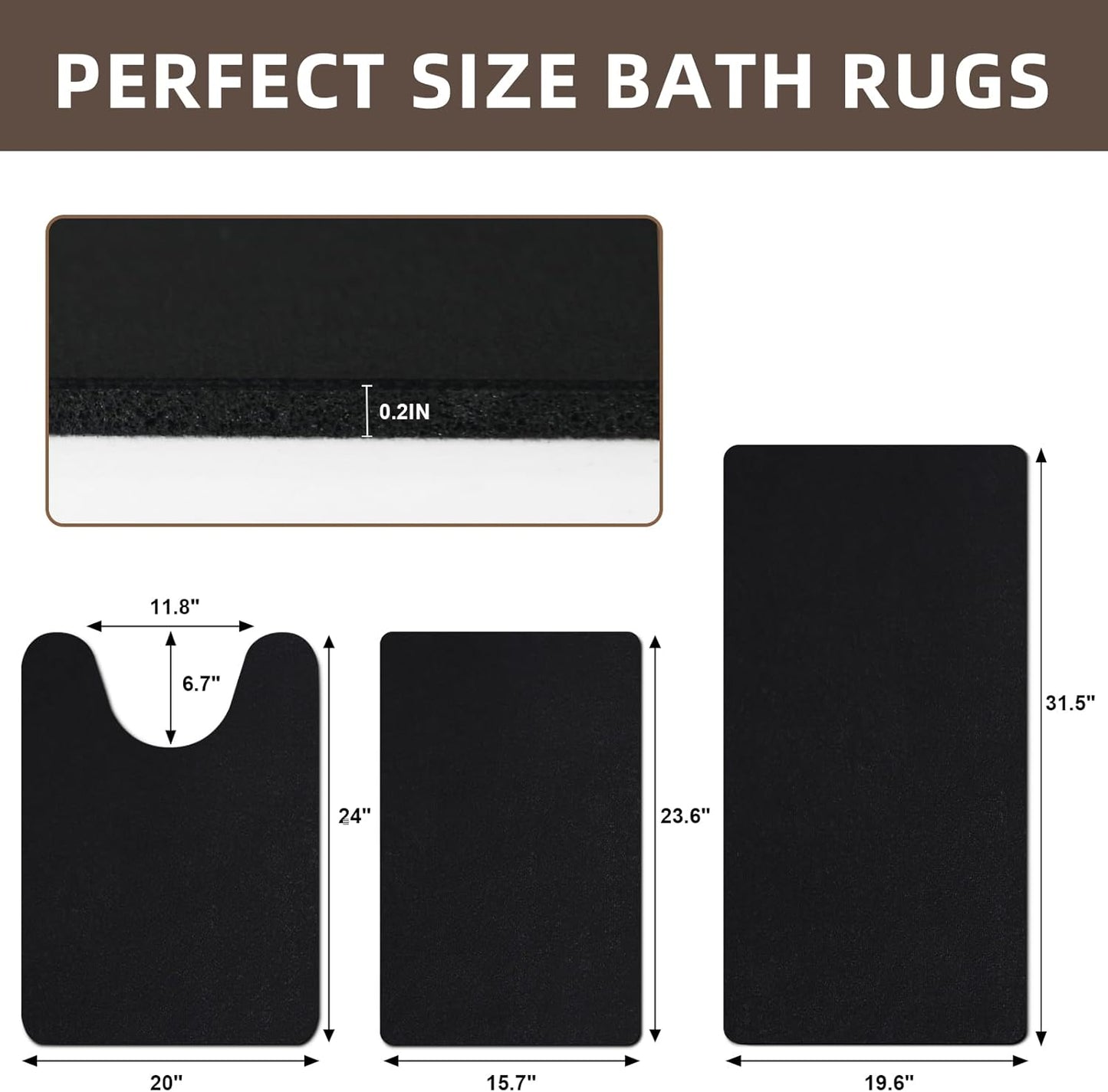 Diatomaceous earth bath mat Bathroom Rugs Sets 3 Piece Super Absorbent Quick Dry Bath Mats, Rubber Non Slip Shower Mat and Toilet Mat U Shape, Shower Rug for in Front of Bathtub Shower, Black