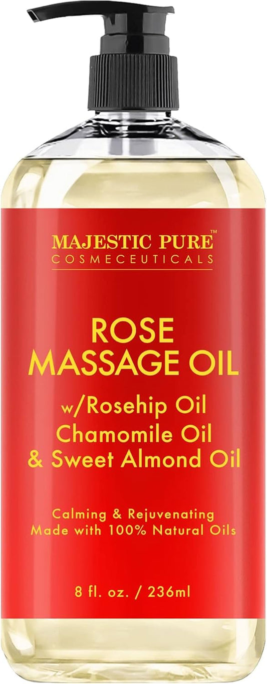 MAJESTIC PURE Rose Massage Oil for Massage Therapy - Refreshing, and Relaxing - Natural Oils - for All Skin Types - Men and Women - 8 fl oz