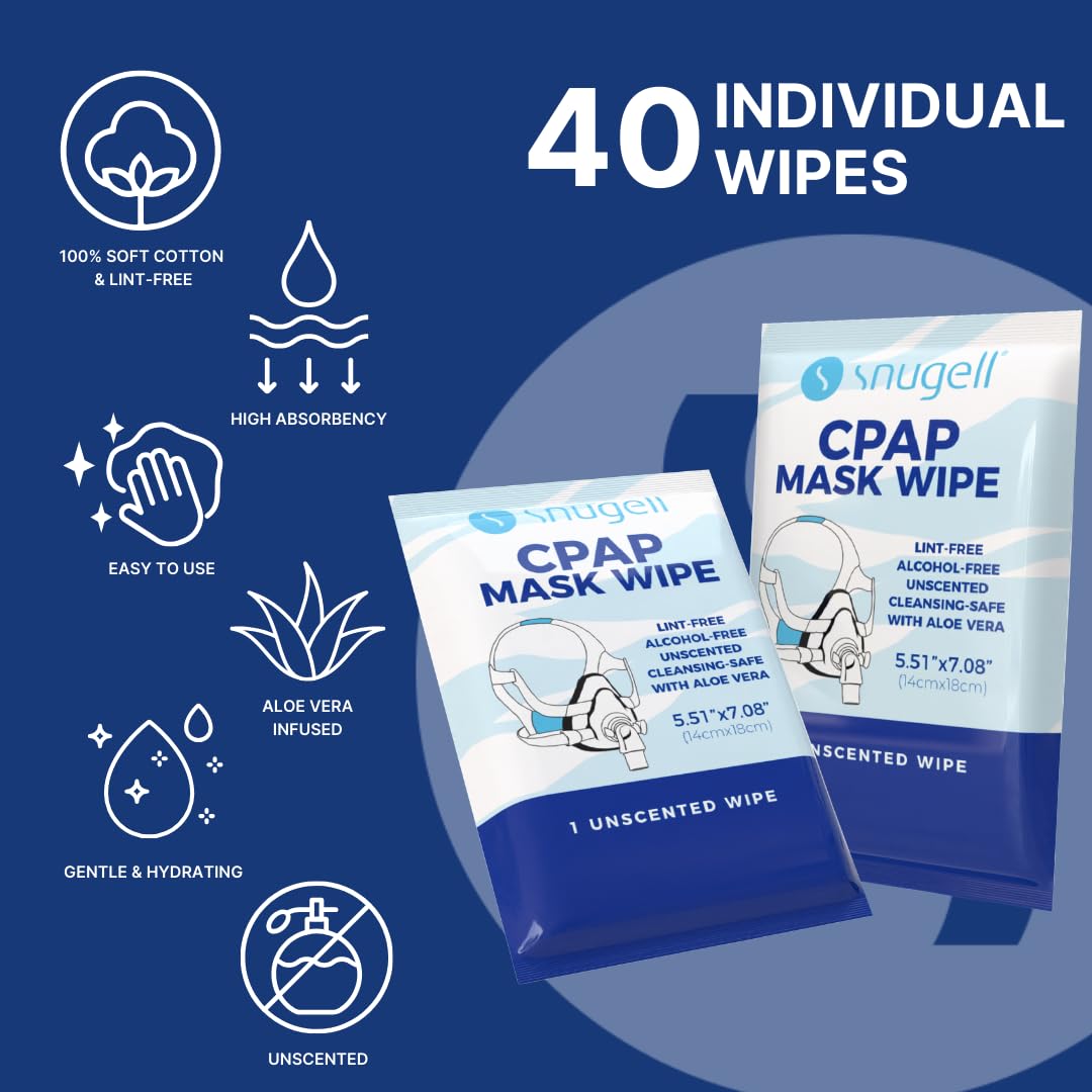 Snugell Unscented Individual CPAP Mask Wipes – Travel-Friendly 40-Pack– Lint & Alcohol-Free,Skin-Safe with Aloe Vera– Perfect for Convenient, Hassle-Free Cleaner & Sanitizer of CPAP Masks & Equipment