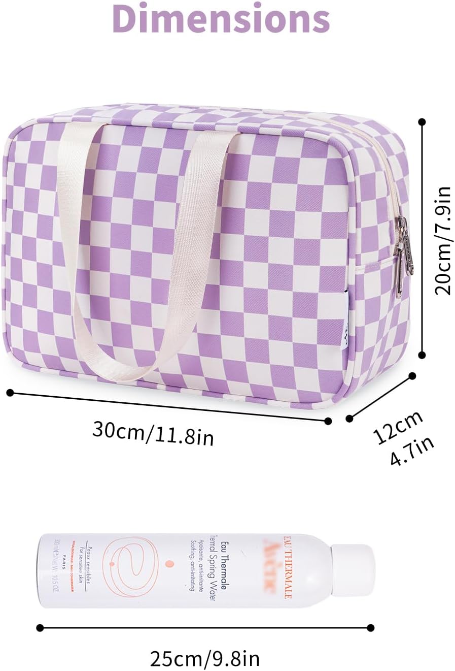 Narwey Large Checkered Travel Toiletry Bag Women Toiletries Bag Makeup Bag with Handle Make up bag Organizer Cosmetic Bag Medicine Bag for Girls (Purple Checkerboard, Large)