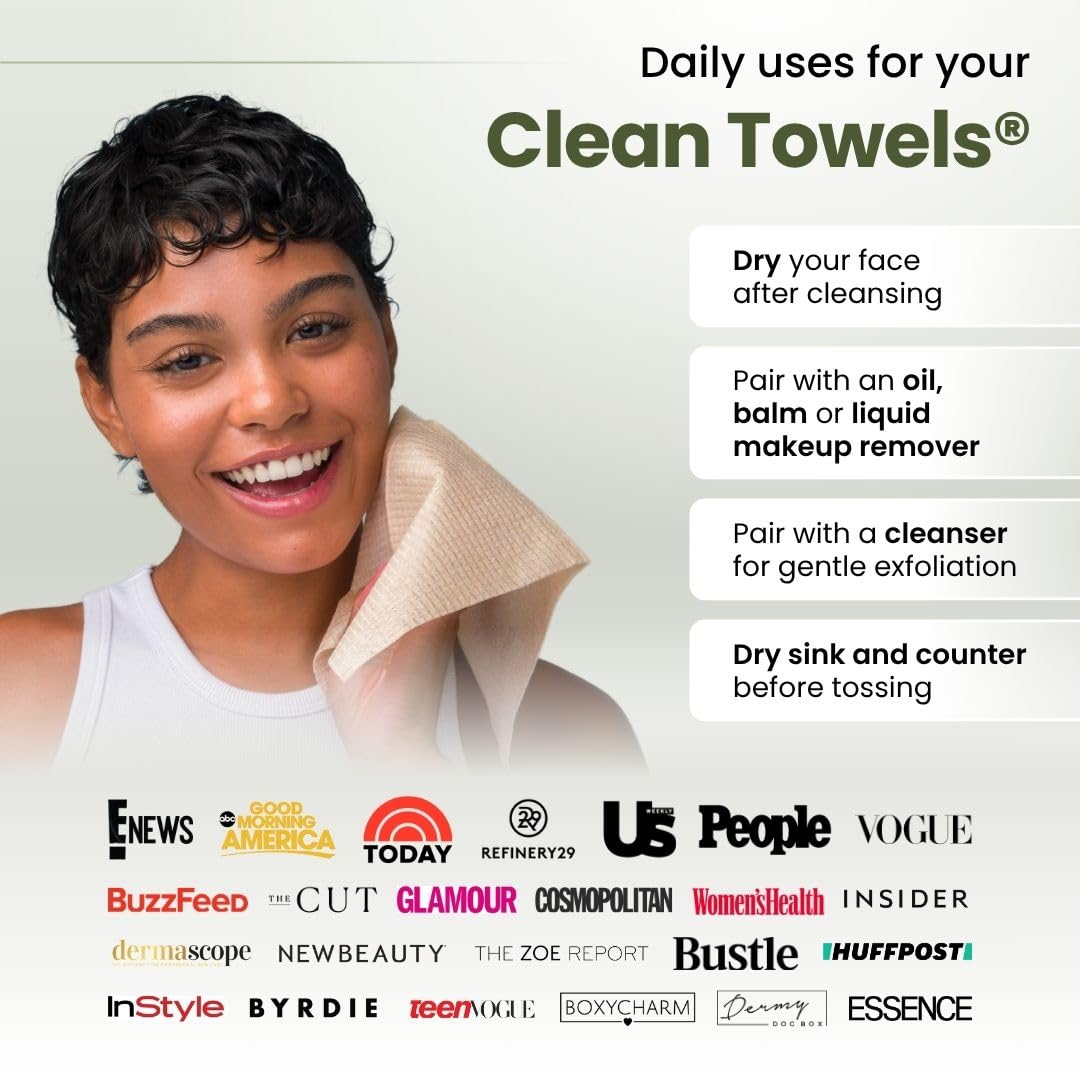 Clean Skin Club Bamboo Viscose Clean Towels XL™, 100% USDA Biobased Face Towel, Disposable Face Towelette, Makeup Remover Dry Wipes, Ultra Soft, 50 Ct, 1 Pack