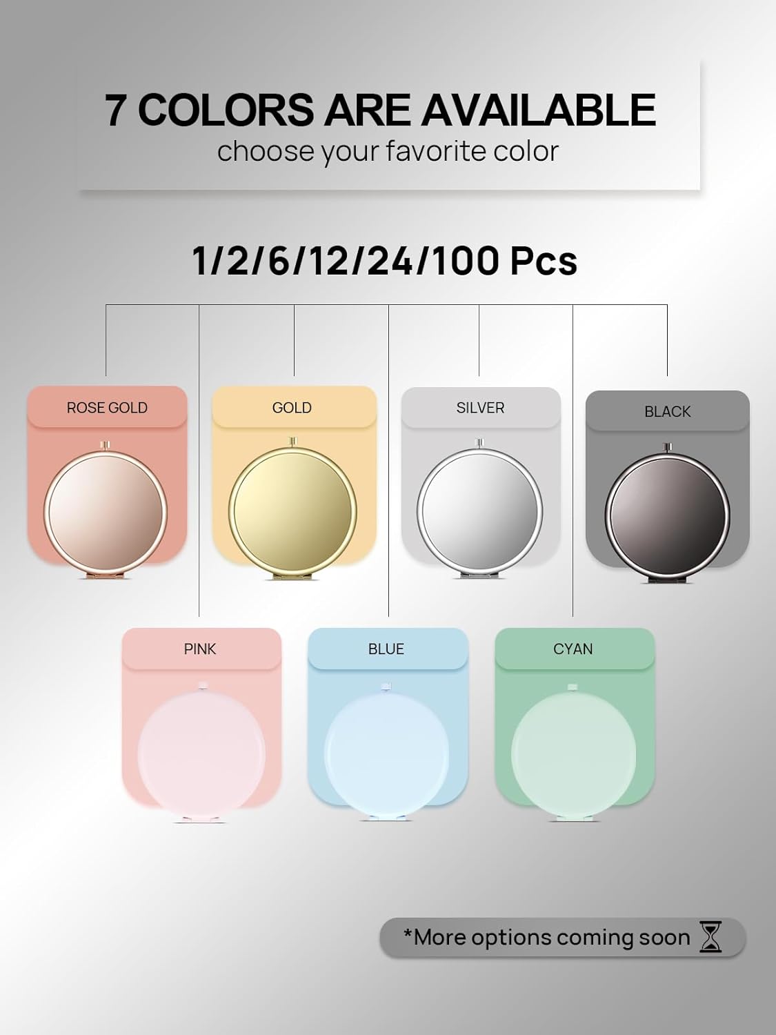 Compact Mirror Bulk, Set of 100 Double-Sided 1X/2X Magnifying Metal Pocket Makeup Mirrors(Round, Onyx Black)