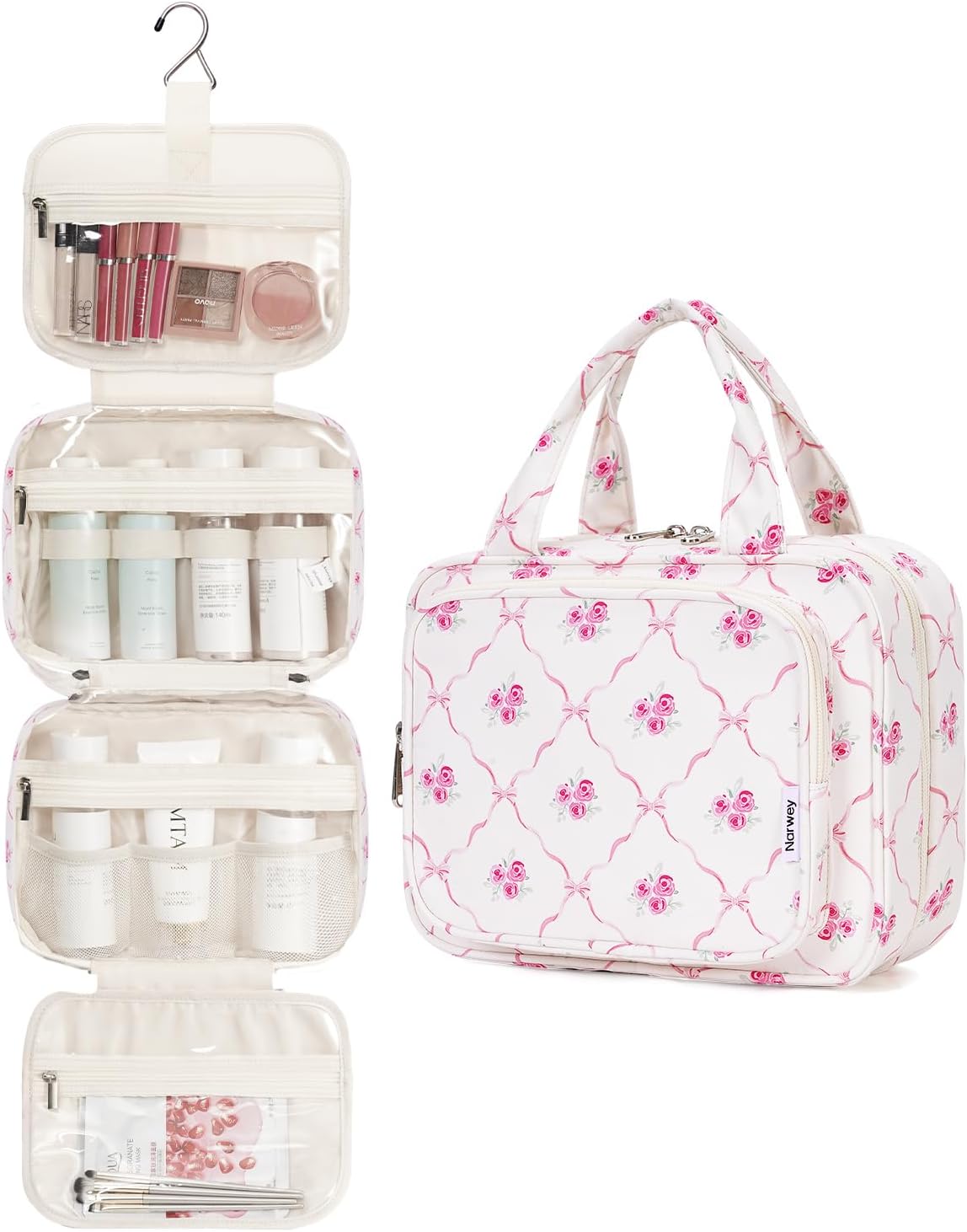 Narwey Hanging Toiletry Bag for Women Travel Makeup Bag Organizer Toiletries Bag for Travel Size Essentials Accessories Cosmetics (Bowknot and Flower (Medium))