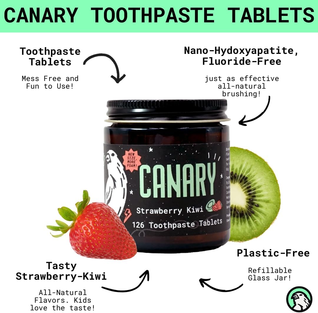 Canary Nano Hydroxyapatite Toothpaste Tablets Strawberry Kiwi - Remineralizing, Fluoride Free, All Natural Tabs with Xylitol - Great for Kids, Plastic Free - 240 Count