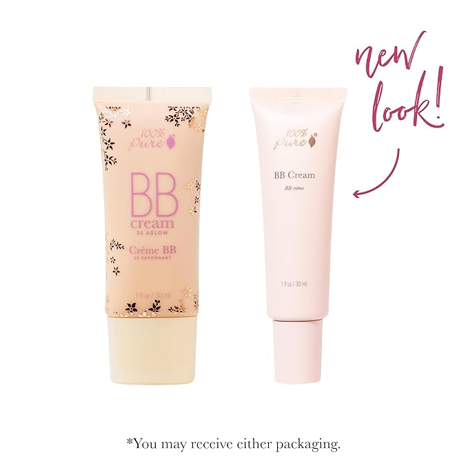 100% PURE BB Cream Shade 20 Aglow Full Face Coverage Skin Care & Glow - All-In-One Primer Concealer & Foundation Makeup - Shimmery, Dewy Youth Medium Color w/Warm Undertone - Vegan - 1 Fl Oz