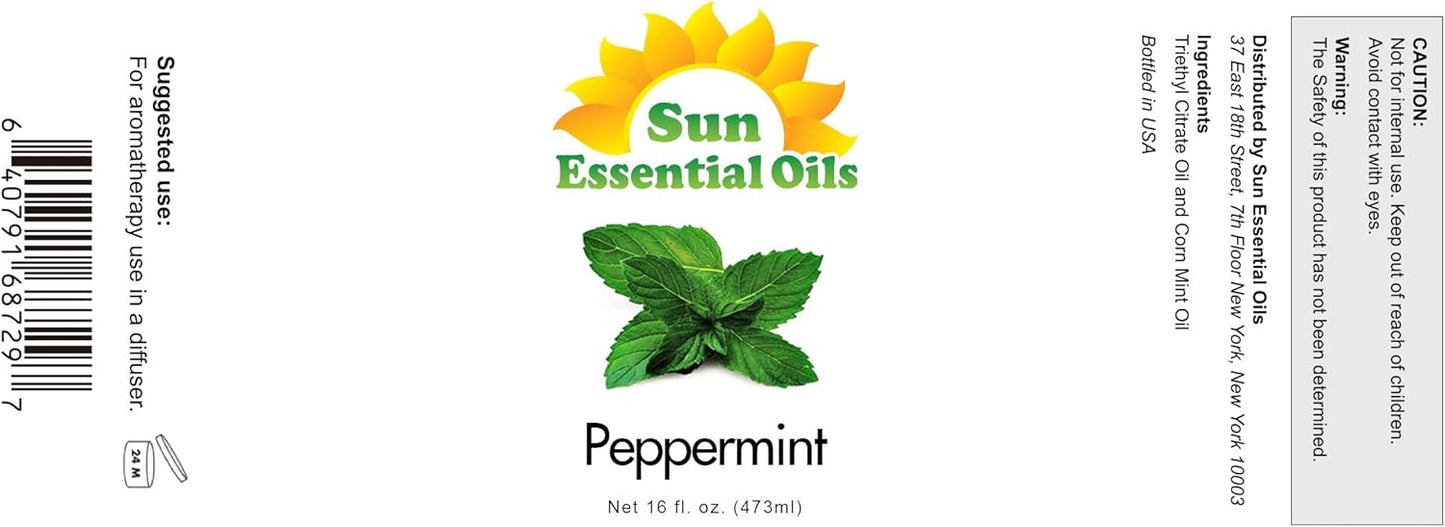 Sun Essential Oils - Peppermint Essential Oil (16 oz Bulk) for Diffuser, Humidifier, Skin & Aromatherapy Body Massage, Candle & Soap Making for Home