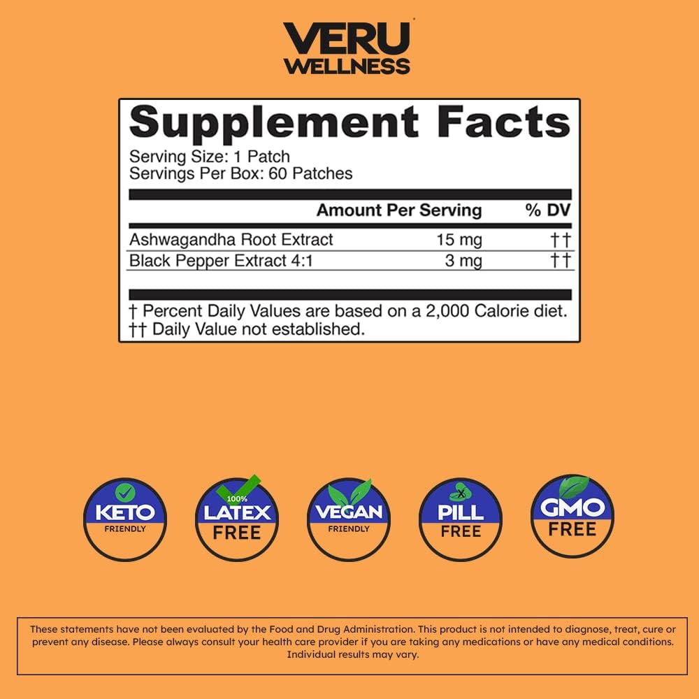 Veru Wellness Ashwagandha Patch - Stress Relief, Natural Mood Support, Stress, Energy, and Focus Support Patch (60 Count)