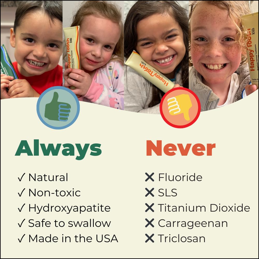 Happy Tooth Hydroxyapatite Toothpaste, Fluoride Free, Natural Whitening for Kids, Toddlers and Adults, SLS Free, Enamel Safe, Dentist Formulated with Clean Ingredients, Vanilla Frosting Flavor, 3.4oz