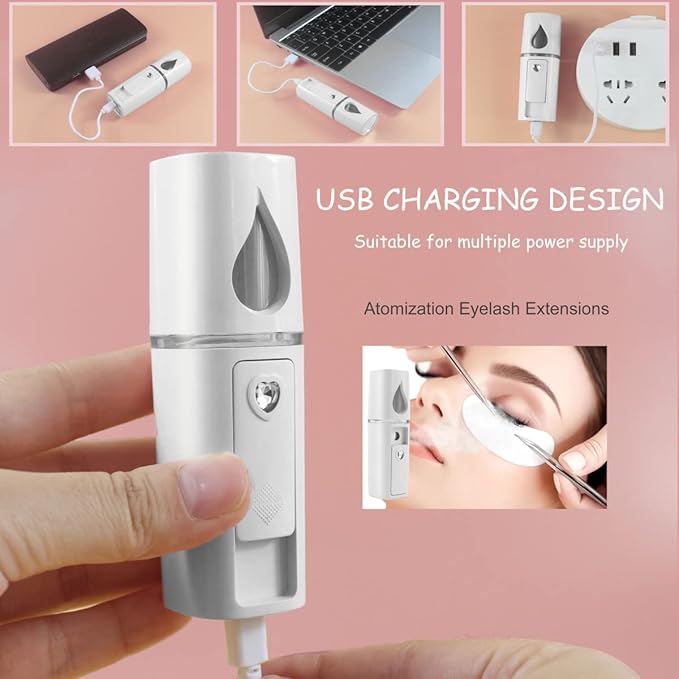 Nano Facial Mister Portable Mist Sprayer with Mirror Mini Cool Mist Spray for Skin Care & Facial Body Moisturized & Eyelash Extensions, USB Rechargeable (White)