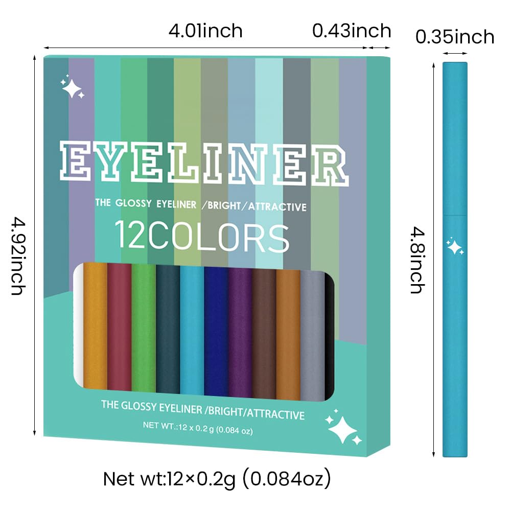 evpct 12Pcs Colored Glitter Shimmery Shimmer Gel Eyeliner Pencils Set for Women, Green Blue White Black Purple Eyeliner Waterline Waterproof lapiz de ojos delineador de ojos contra el agua eye Makeup