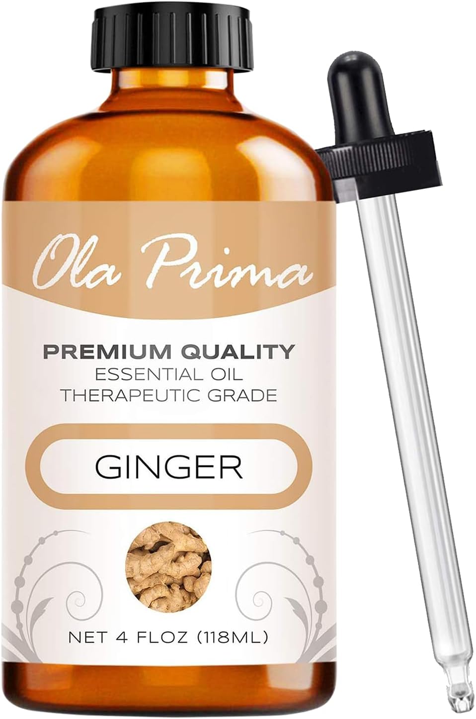 Ola Prima Ginger Essential Oil Therapeutic Grade for Aromatherapy, Diffuser, Lymphatic Massage, Hair, Skin – 4 fl oz Dropper