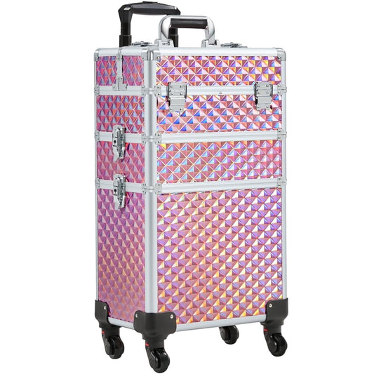 Yaheetech Rolling Makeup Train Case 3 in 1 Cosmetic Case Professional Makeup Suitcase Large Aluminum Cosmetic Trolley with Swivel Wheels and Key, Diamond Pattern- Pink