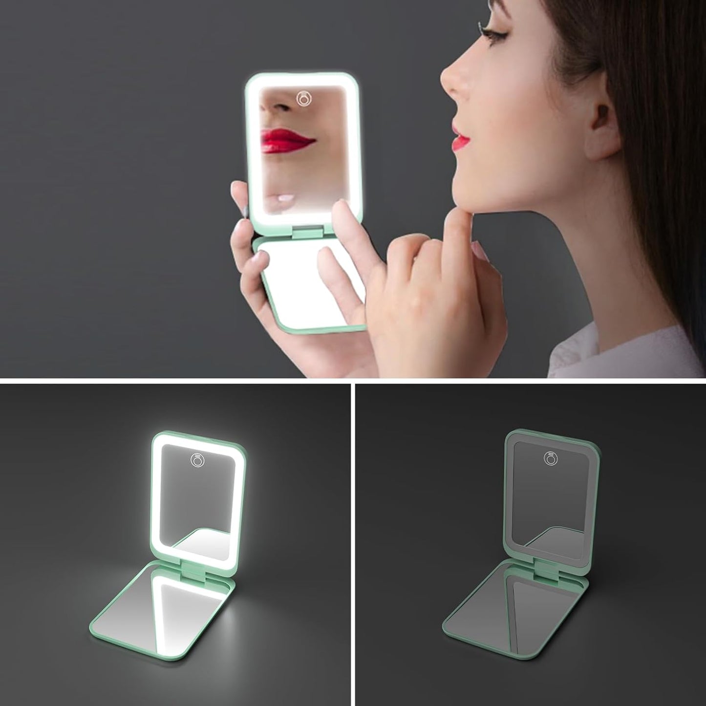 Kintion 2025 Pocket Mirror, Rechargeable Dimmable 3 Color Lighting 1X/3X LED Compact Travel Makeup Mirror for Purse, Portable, Folding, Handheld, Small Lighted Mirror for Women Gift, Cyan