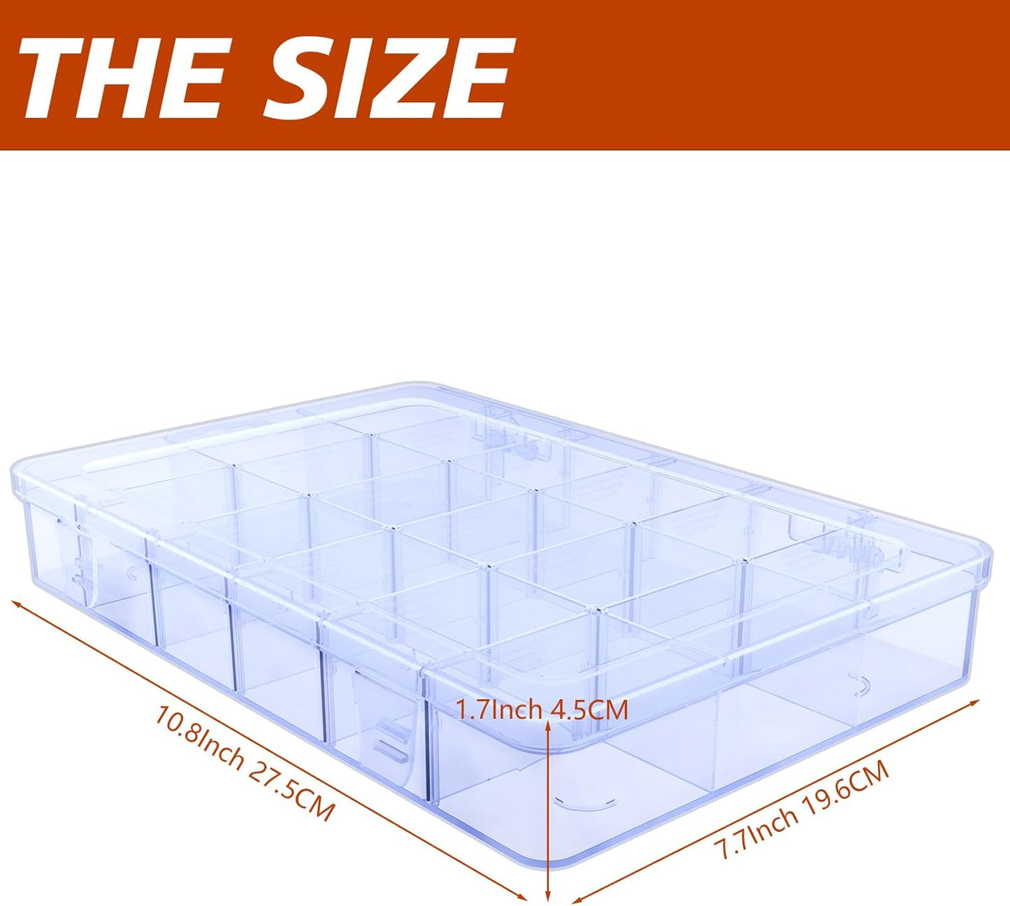 Large Clear 18 Grids Plastic Organizer Box Storage Containers with Lid with Removable Dividers for Jewelry,Bead Storage Organizer Box,Compartments Organizers