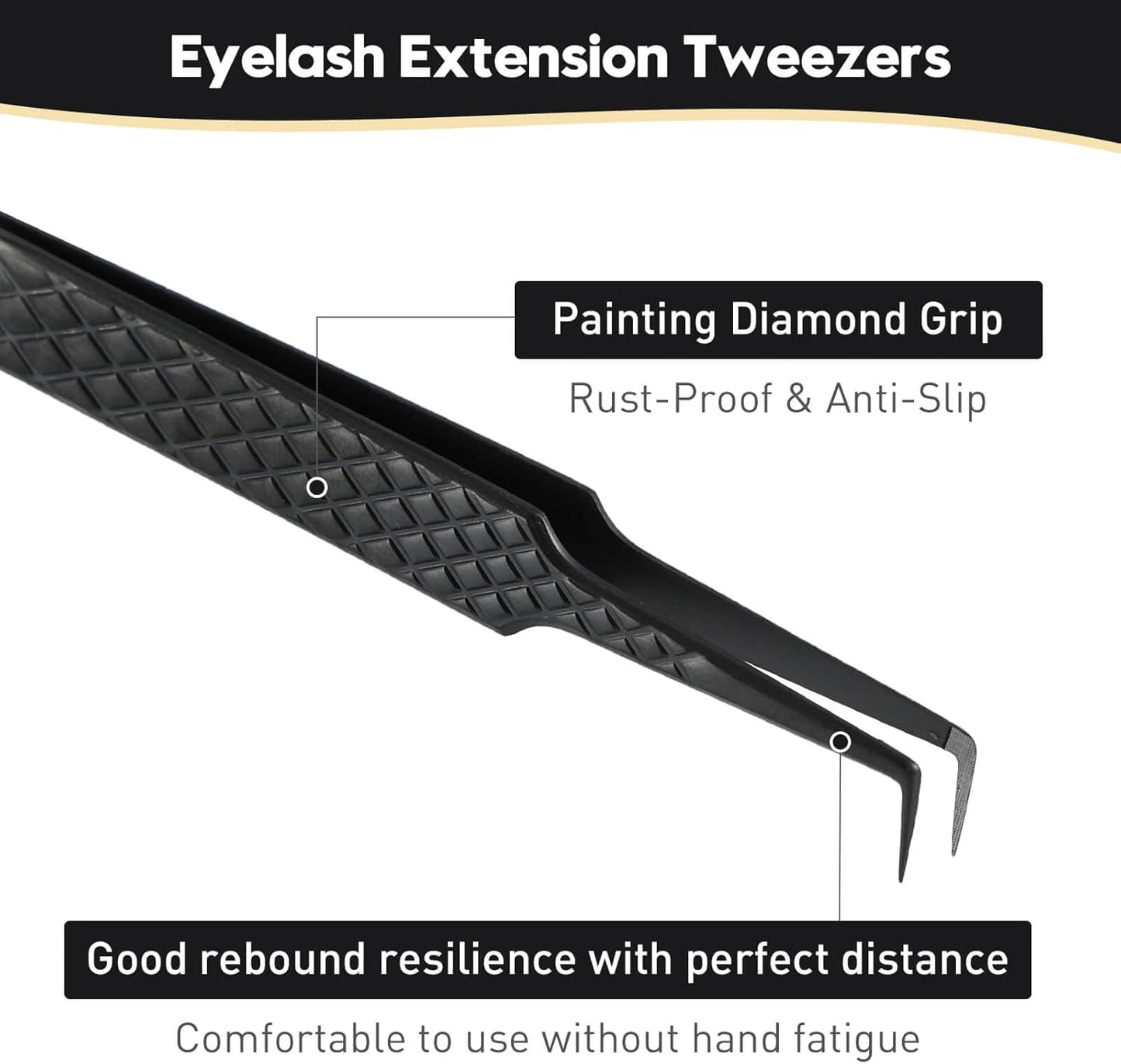 Ms.Queen Lash Tweezers for Eyelash Extensions, Diamond Grip 90 Degree Fiber Tip Volume Lash Extension Tweezers,Black