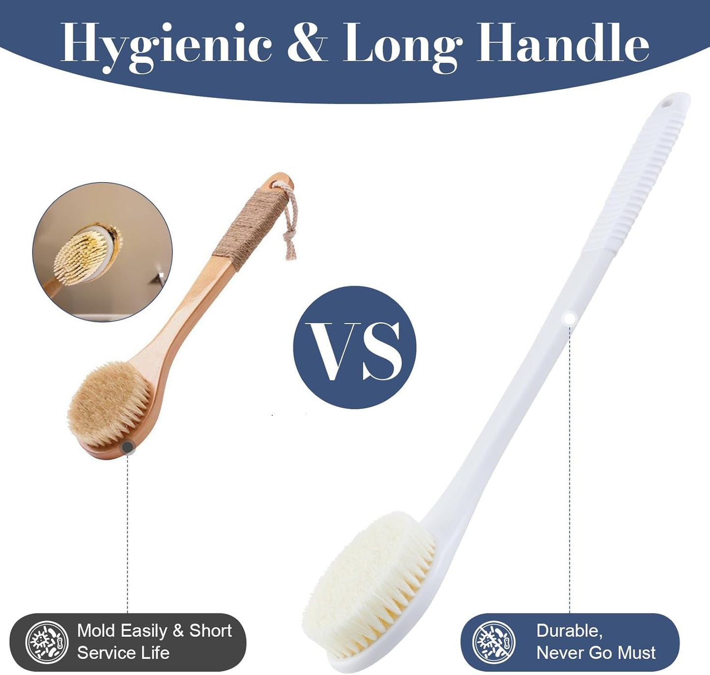 Back Scrubber for Shower, Shower Body Brush for Cleaning with Long Handle for Showering, 17 Inch Back Washer Exfoliator for Shower Men Women with Non-Slip Handle, Adhesive Hook (White)