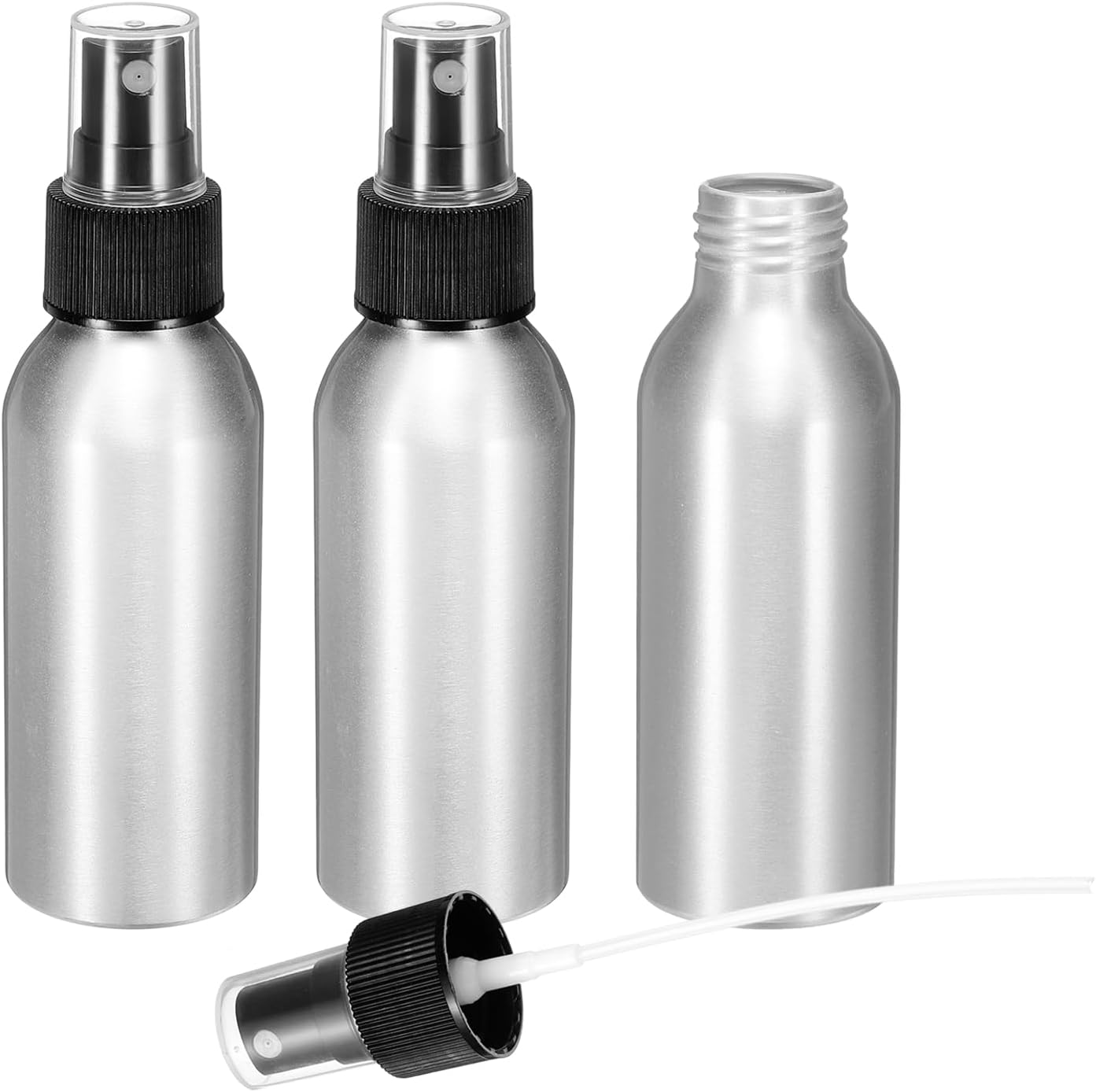 HARFINGTON 3pcs Aluminum Fine Mist Spray Bottles 100ml/3.4oz Metal Small Liquid Alcohol Refillable Travel Container with Black Plastic Nozzle Cap for Perfume Skincare Cosmetic Storage Bottle
