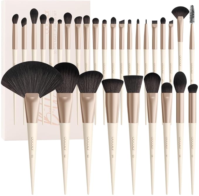 Docolor Makeup Brushes Set Professional 30Pcs Makeup Brushes Premium Synthetic Powder Kabuki Foundation Contour Blush Concealer Eye Shadow Blending Eyeliner Crease Eyebrow Make Up Brush Kit - Beige