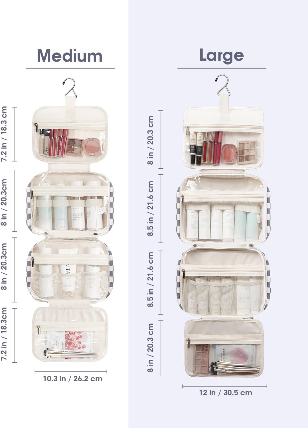 Narwey Travel Toiletry Bag for Women Large Hanging Makeup Bag Organizer Toiletries Bag for Full Size Essentials Accessories Cosmetics (Grayish Blue Checkerboard (Large))